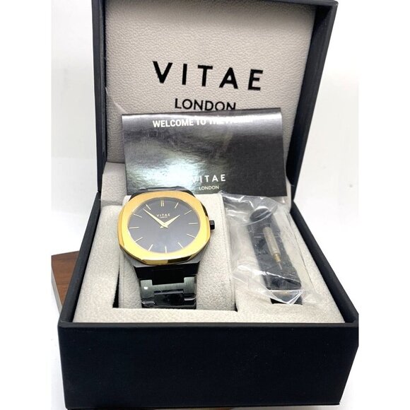 Vitae London Men's Watch Ada 141 Black Dial Gold Bezel Quartz Stainless Steel - Picture 3 of 14
